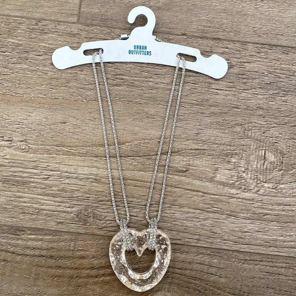 Urban Outfitters Acrylic Clear Oversized Heart Pendant Necklace w Silver Chain